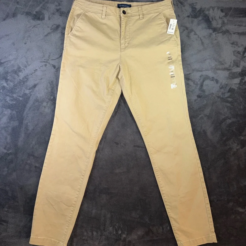 Mens 34x34 Aeropostale Skinny Chino Pants Tan New Khaki Twill Trousers